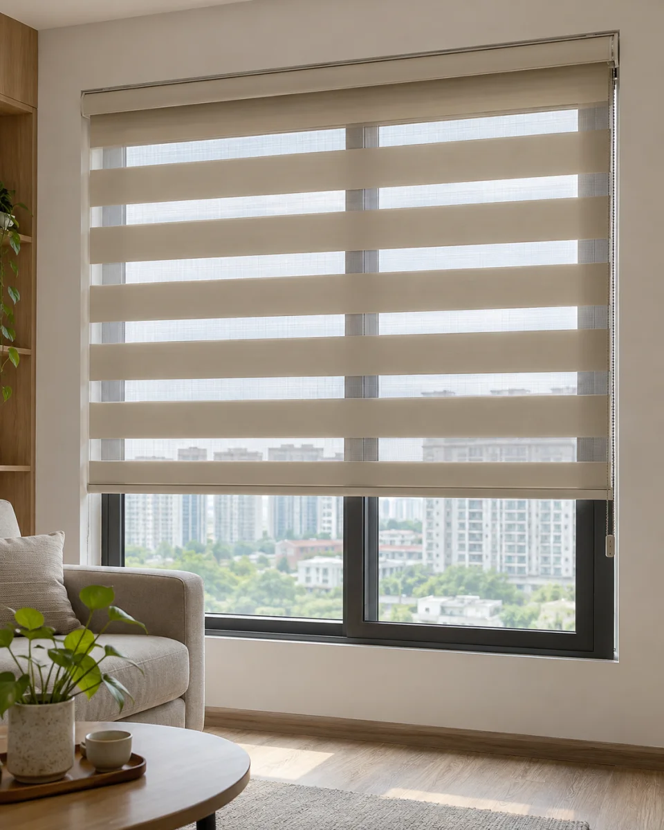 Rèm cầu vồng với các dải vải và lưới đan xen tại cửa sổ
